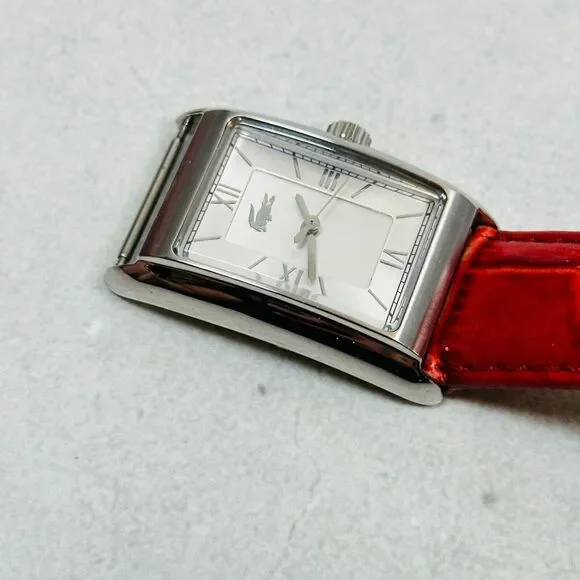 Lacoste Watch Womens 24mm Silver Tone Red Leather Strap New Battery FLAWED READ - Picture 3 of 11